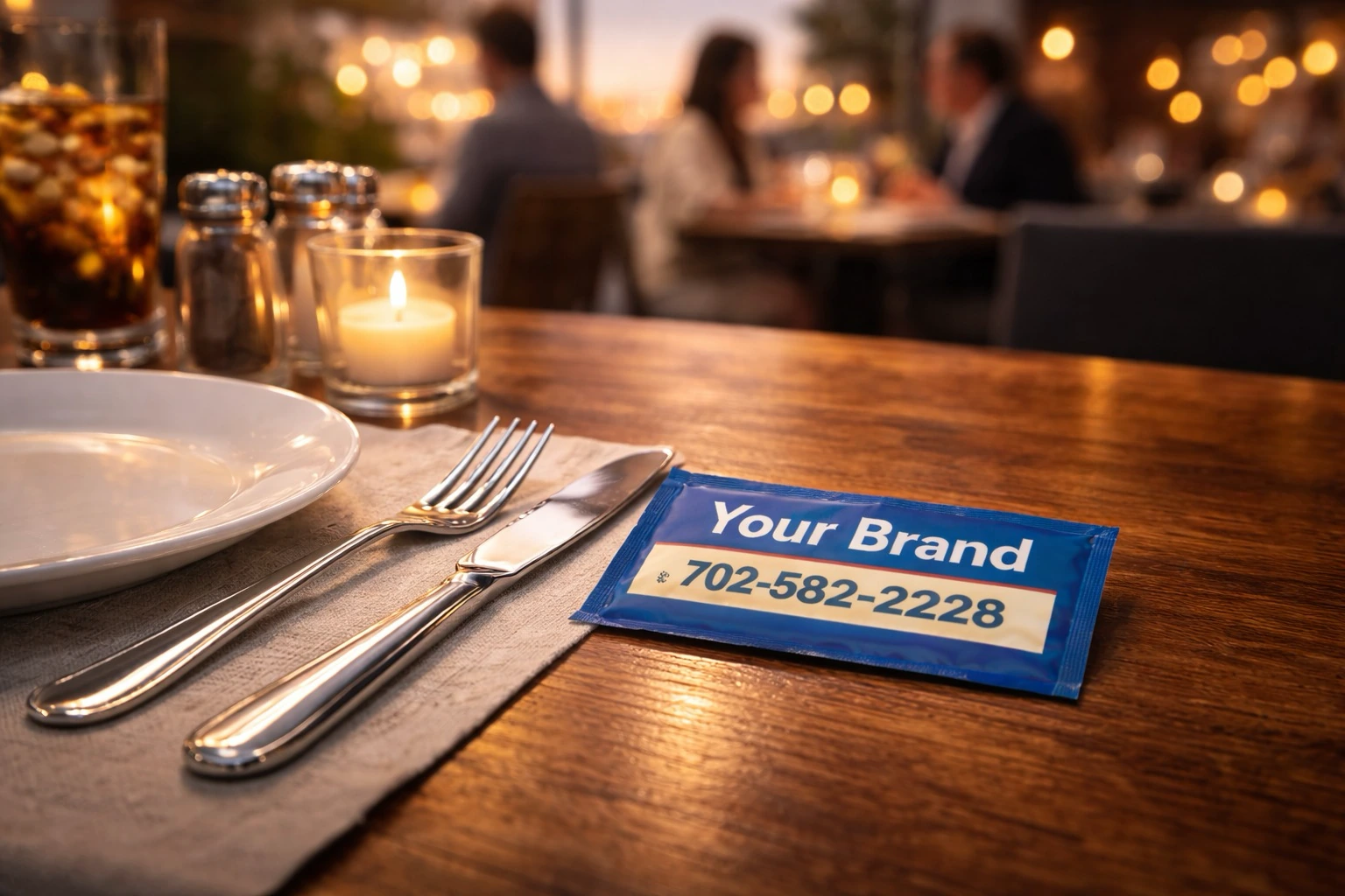 Branded wet wipe sachets placed on a restaurant table for guest use