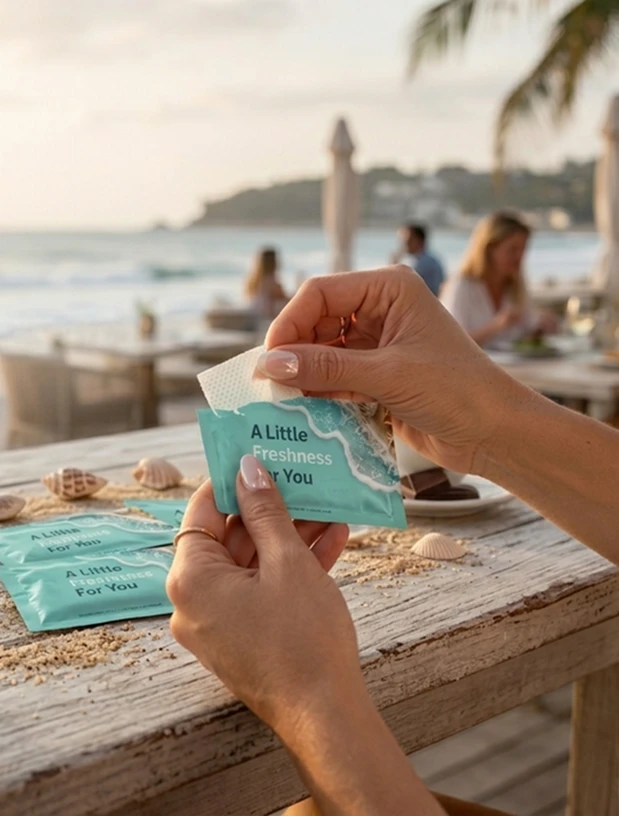 A guest opening a Pixtron wipe sachet at a restaurant table